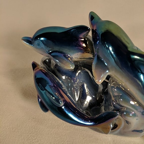 Vintage 3 Dolphin Figurine Sculpture Decor Iridescent Dolphins Waves Collectible - Picture 7 of 12
